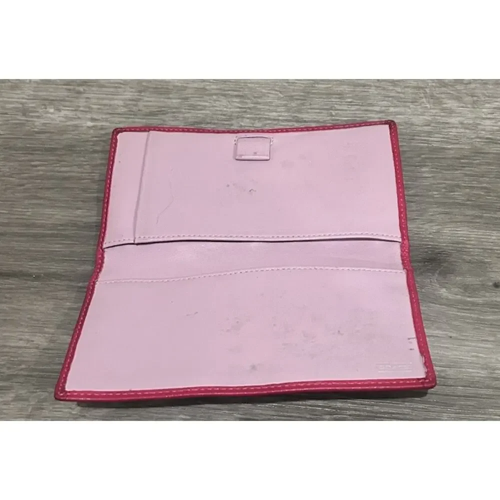 Coach Signature Canvas Checkbook Wallet Khaki Brown Pink Leather